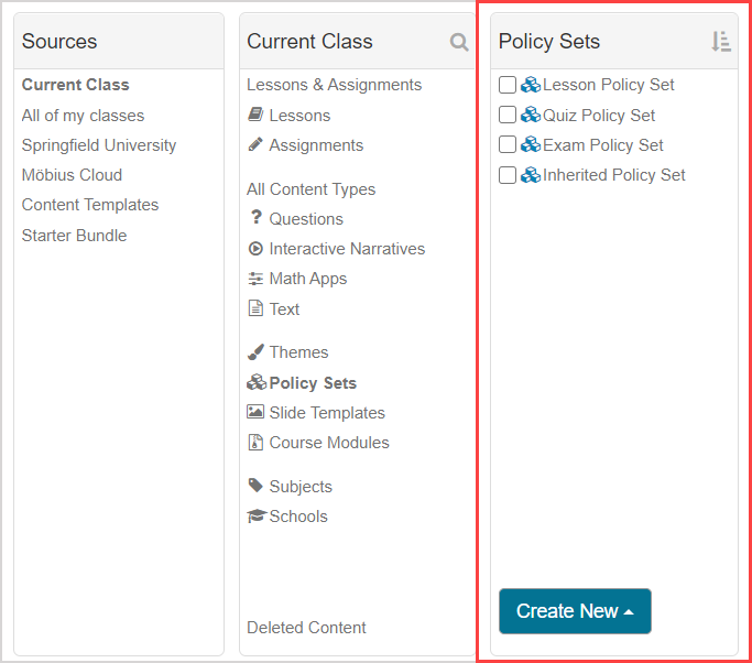 Policy Sets is the tenth option in the Current Class pane.